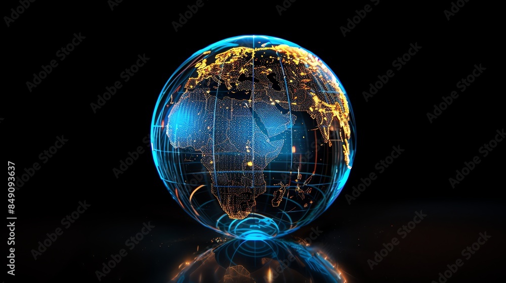 Poster a glowing digital globe with a blue outer layer and gold inner representation of the continents.
