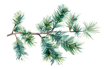 watercolor drawing of a evergreen fir tree branch isolated on white or transparent png