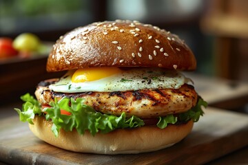 Rustic chicken burger with egg, fresh veggies, and sesame seeds on a wooden surface