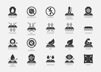 Fabric Properties and Characteristics Vector Icon Set In Glyph Style.