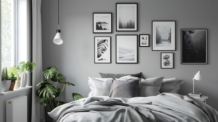 A Scandinavian bedroom wall with light grey paint, complemented by a series of black and white framed photographs