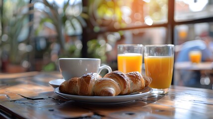 A lovely breakfast with pastries, orange juice and coffee on the table in front of you. A large wooden cross is placed at one end of a rocky peak. 