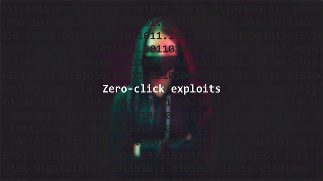 Cyber attack zero-click exploits text in foreground screen, anonymous hacker hidden with hoodie in the blurred background. Vulnerability text in binary system code on editor program.