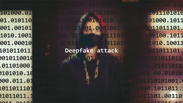 Cyber attack deepfake attack text in foreground screen, anonymous hacker hidden with hoodie in the blurred background. Vulnerability text in binary system code on editor program.