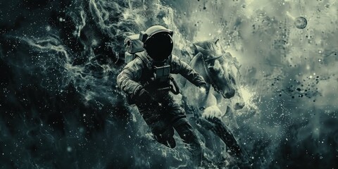 Obraz premium Surreal Space Adventure with Astronaut and Mythical Creature