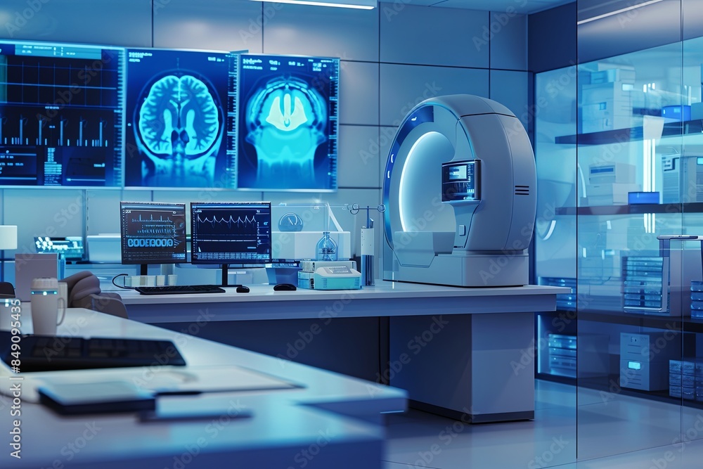 Fototapete a modern medical laboratory showcasing cutting-edge technology, including a high-tech scanner and la