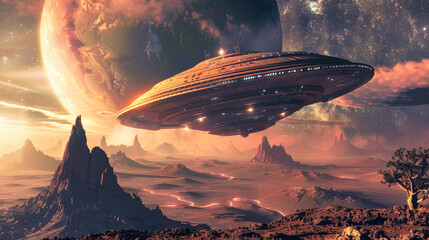 Giant alien ship over an alien planet