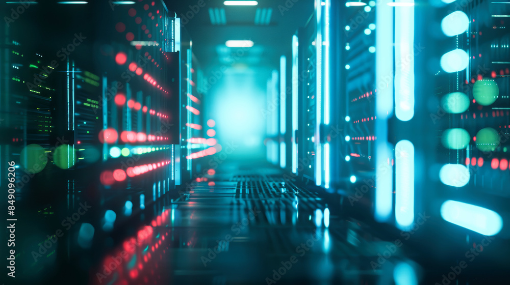 Poster data center with a row of computer servers. abstract generic concept of cyberspace, communication an