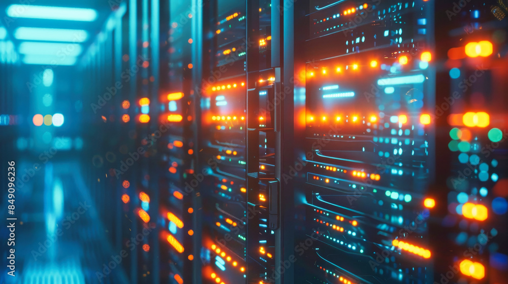 Poster data center with a row of computer servers. abstract generic concept of cyberspace, communication an