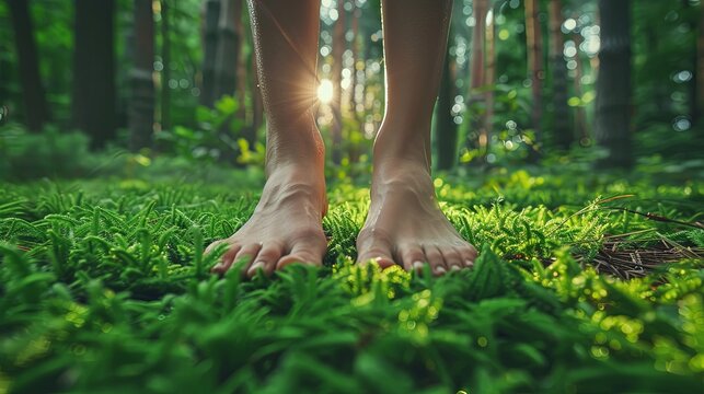 Feet walking in green forest grounding barefoot