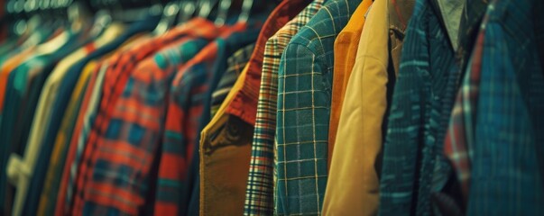 A collection of colorful vintage clothes hanging neatly on a rack in a designer boutique. The warm lighting and variety of fabrics make this image perfect for fashion, retail, and lifestyle themes.