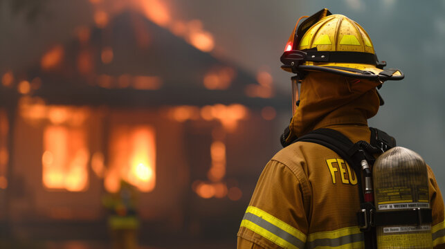 Firefighter Battling House Fire in Protective Gear with Blazing Flames in Background.