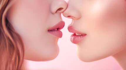 A beautiful woman's lips as she kissing into another woman's lips. The photo zooms in to highlight the delicate movement of her lips, which are a healthy, natural light pink