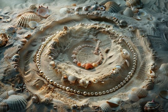 In this artistic landscape, a necklace lies on a circle of sand, adorned with seashells and pearls. The wind creates aeolian landforms, adding a fun touch to the scene AIG50