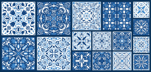  Portuguese and Spain azulejo. Ceramic tile in talavera style. Vector tile pattern, Lisbon floral mosaic, Mediterranean seamless navy blue ornament