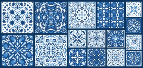 Rolgordijnen Portugal keramische tegels  Portuguese and Spain azulejo. Ceramic tile in talavera style. Vector tile pattern, Lisbon floral mosaic, Mediterranean seamless navy blue ornament  © Pictulandra