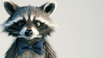 An adorable cartoon raccoon sporting a stylish blue bow tie stands out against a crisp white backdrop