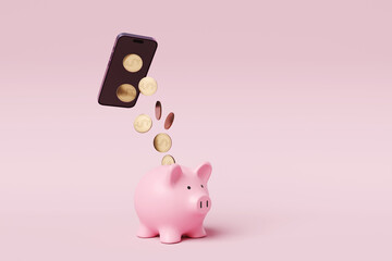 Golden coins falling from the screen of a mobile phone into a pink piggy bank on pink background. Illustration of the concept of making money on smart phones and the Internet