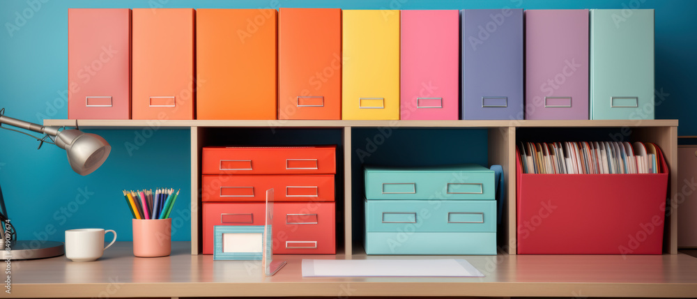 Poster a desk with a variety of colorful file folders and a lamp