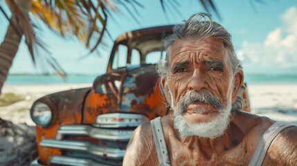 Old Cuban old man with grey hair, beard sitting on Caribbean Cuba island paradise wide white sandy beach under coconut palms next to rusty 1950s retro car partially buried in hot sand on background.