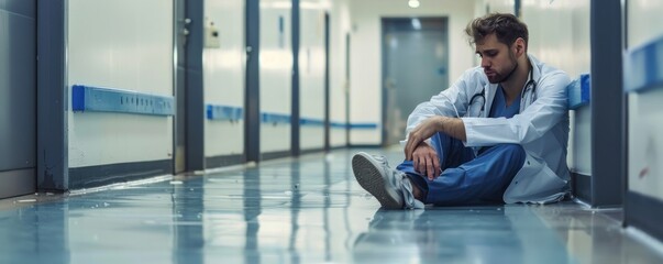 Exhausted doctor sitting on hospital floor. Stress, burnout, healthcare crisis, mental health, medical profession, emotional fatigue.