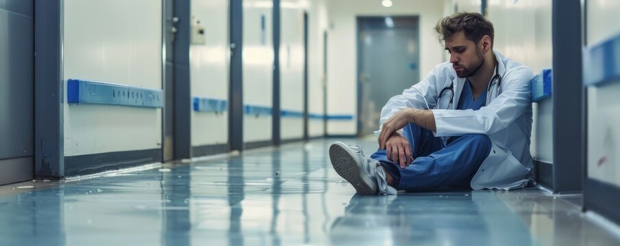 Exhausted doctor sitting on hospital floor. Stress, burnout, healthcare crisis, mental health, medical profession, emotional fatigue.