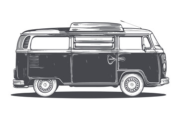 hippie van, vintage surf bus. Simple vector black and white drawing with thick lines, on empty white background and no shadows
