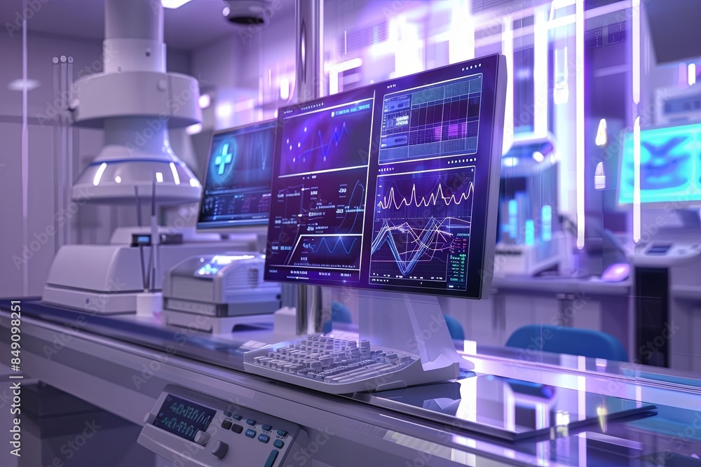 Poster a modern medical laboratory with ai-powered diagnostic tools. the image shows a high-tech scanner an