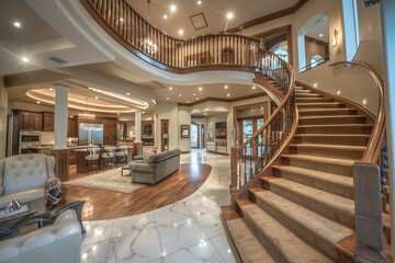 Stunning Panorama of Luxury Home Interior with Open Concept Floor Plan: Shows Living Room, Dining Room, Kitchen, and Entry. Elegant Stairs Lead up to Second Story.