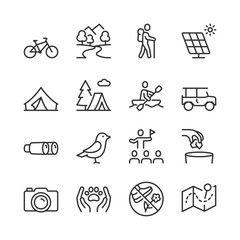 Ecotourism and Sustainable Travel, icon set. Featuring Hiking, Biking, Camping, River Rafting, and Wildlife Observations linear icons. Line with editable stroke