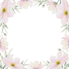 Cosmos flowers and leaves. Isolated hand drawn watercolor frame of pink cosmea. Summer floral of pink wildflowers wreath for wedding invitations, cards, packaging of goods