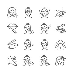 Beauty salon services, icon set. Skincare treatments. Makeup, mask, manicure, lips, peeling, laser, eyelash, eyebrow, skin tightening, massage, pedicure, RF lifting, hair cutting. Editable stroke