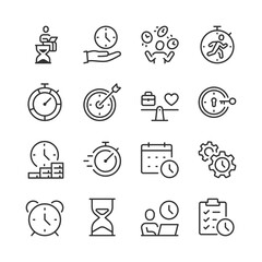 Effective Time and Resource Management, icon set. Work, Rest, Deadlines, and Productive Time Allocation. Clocks, Work, Leisure, Meeting, Work Hours, Meet Deadlines. Line with editable stroke