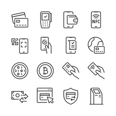 Electronic Payment Systems, icon set. Digital Payment Solutions linear icons. Online Banking, Money Transfers, NFC, QR Codes, and Cryptocurrency. Secure Transaction. Line with editable stroke