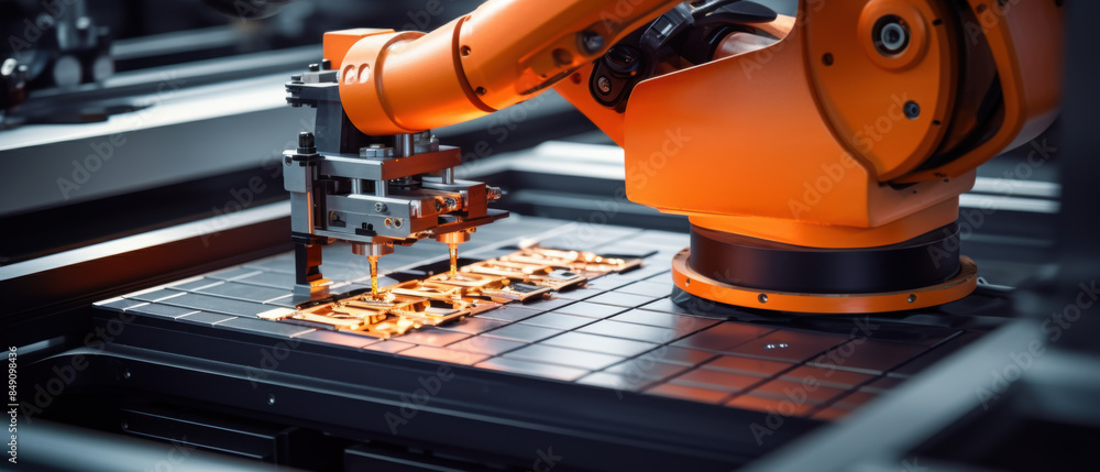 Poster a robot is working on a piece of metal, creating a design