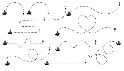 Marine vessels routes dotted lines. Sea ship with track collection. Ship path set. Travel path icon set. Location for travel, dotted road map with destinations. Vector illustration isolated	