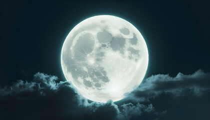 Amazing scenery of white glowing moon with craters in black sky with clouds at night