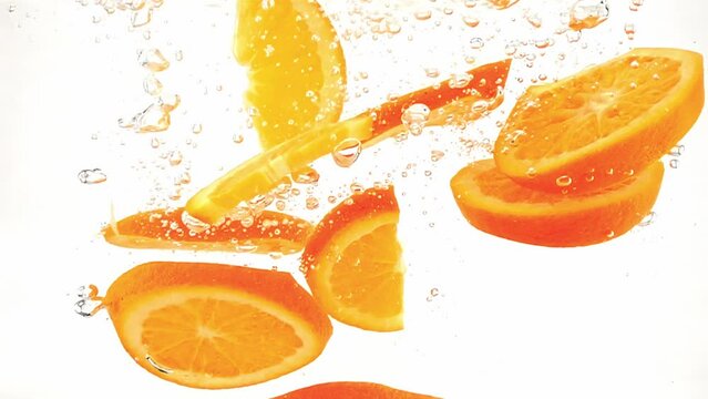 Sliced delicious oranges are falling in transparent clear water and floating against white background. Closeup view of chopped citrus fruit swimming in aqua filmed in slowmo. Sweet and healthy food