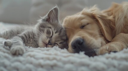 A cat and a dog are sleeping together on a bed