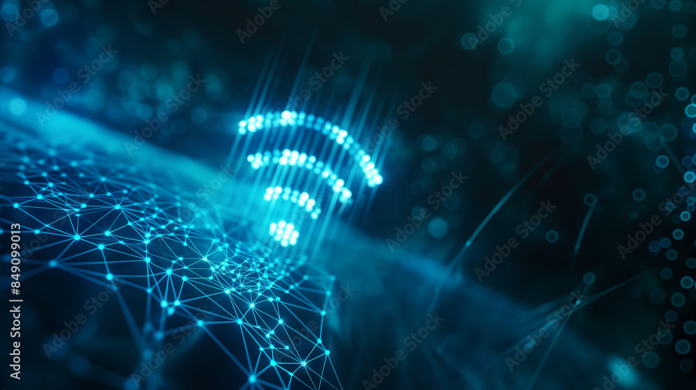 Poster a digital abstract background with a prominent wifi symbol and data streams, illustrating advanced w
