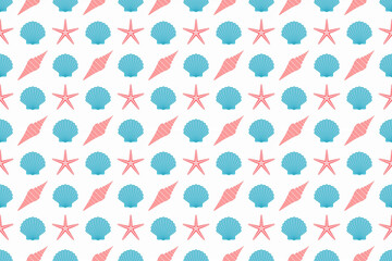 ヒトデと貝殻のシームレスパターン、白背景