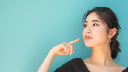 Obraz premium An Asian model with an air of elegance, pointing towards a copy space light blue background, showcasing her beauty.