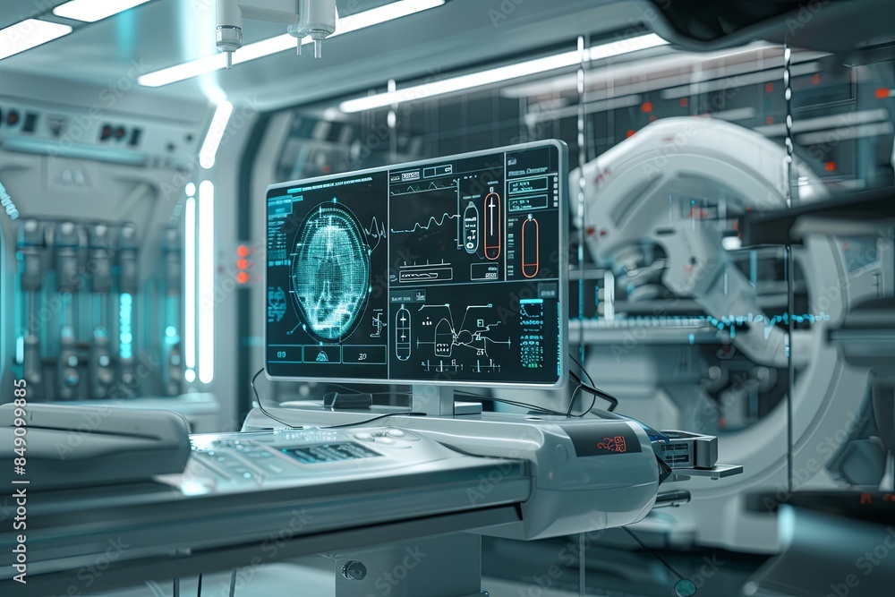 Poster a futuristic medical laboratory with advanced ai-powered diagnostic tools, featuring a large screen 