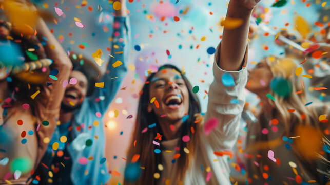 A vibrant scene of a corporate team celebrating a milestone, with confetti and smiles, showcasing the joy of collective achievement.