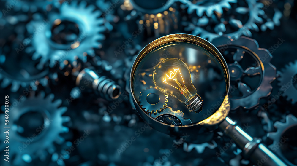 Aufkleber a detailed image of a magnifying glass zooming in on a light bulb icon surrounded by gears, symboliz