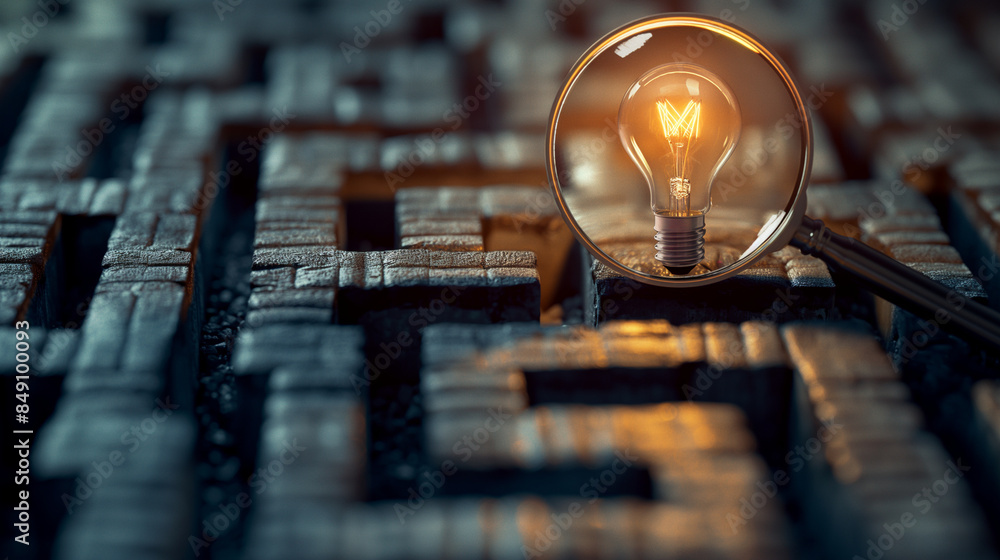 Poster a creative scene where a magnifying glass highlights a light bulb within a maze, representing findin
