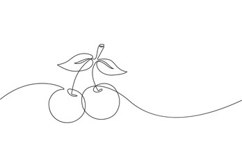 illustration of a cherry in line art style, one continious line vector illustration isolated on white background, hand drawn design element for banner, greeting cards,print,wallpaper