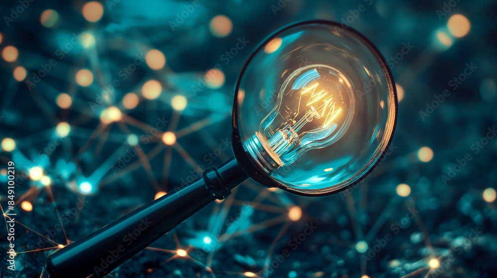 Aufkleber a dynamic scene of a magnifying glass zooming in on a light bulb within a mind map, indicating the g