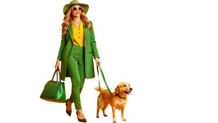 "Stylish Woman with Fashionable Dog": A stylish woman walking with her fashionable dog in a city setting, exuding style and flair.