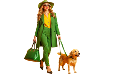 "Stylish Woman with Fashionable Dog": A stylish woman walking with her fashionable dog in a city setting, exuding style and flair.